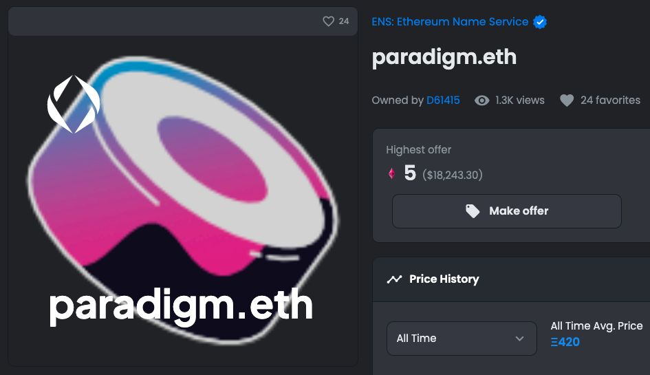 被低估的NFT？神秘買家420顆ETH收購以太坊域名「paradigm.eth」