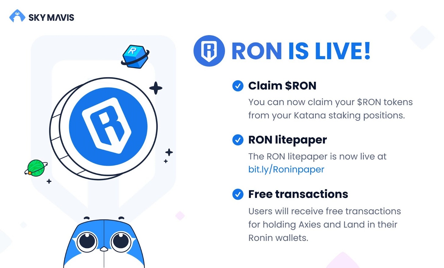 Axie Infinity側鏈Ronin代幣RON正式上線，開發團隊握三成籌碼