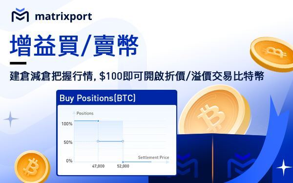 想在現貨市場折價／溢價交易比特幣？ 在 Matrixport 用 100 美金就可以！