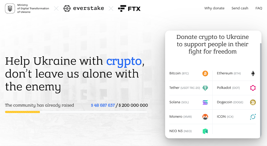 烏克蘭聯手FTX、Everstake推出捐款網站，提供9種加密貨幣、5種法幣捐款管道