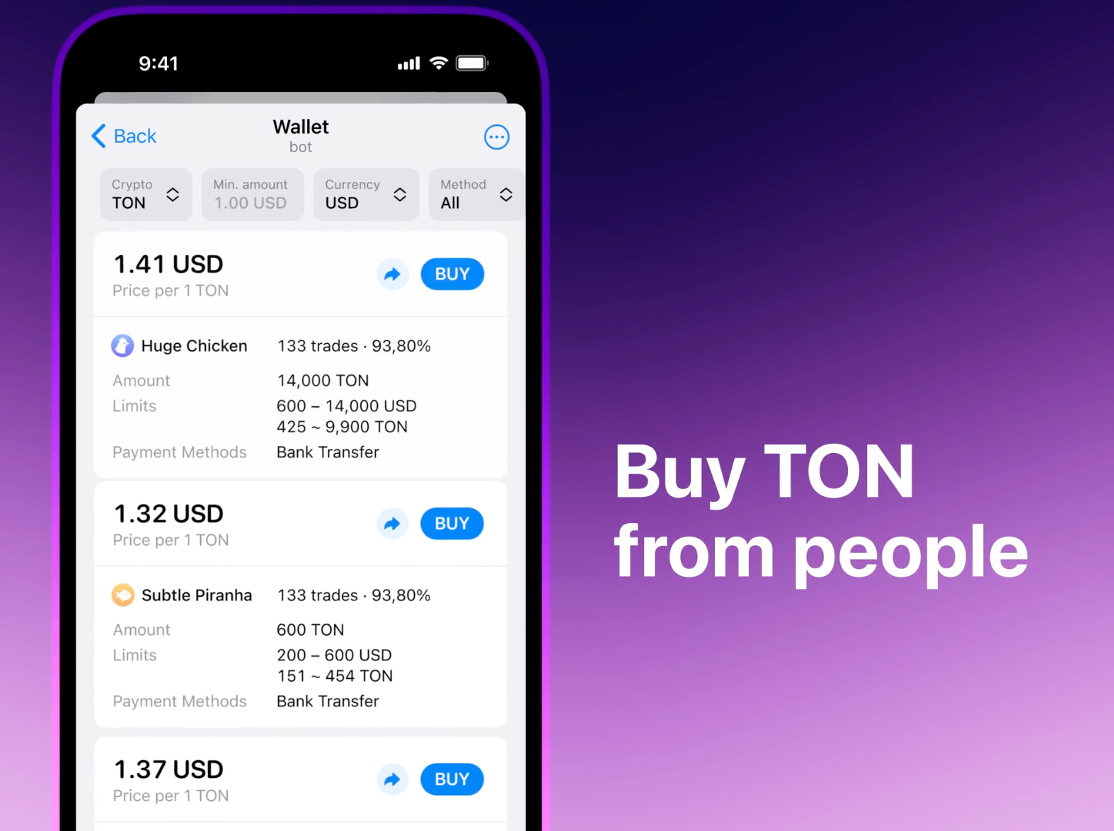 Telegram推出P2P交易市場！支援比特幣及TON交易，可用六種法幣支付