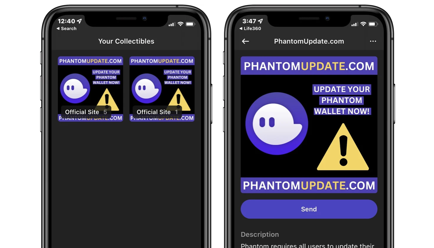 Solana駭客利用空投NFT誘騙用戶點擊「假Phantom更新提示」，以盜取加密資產