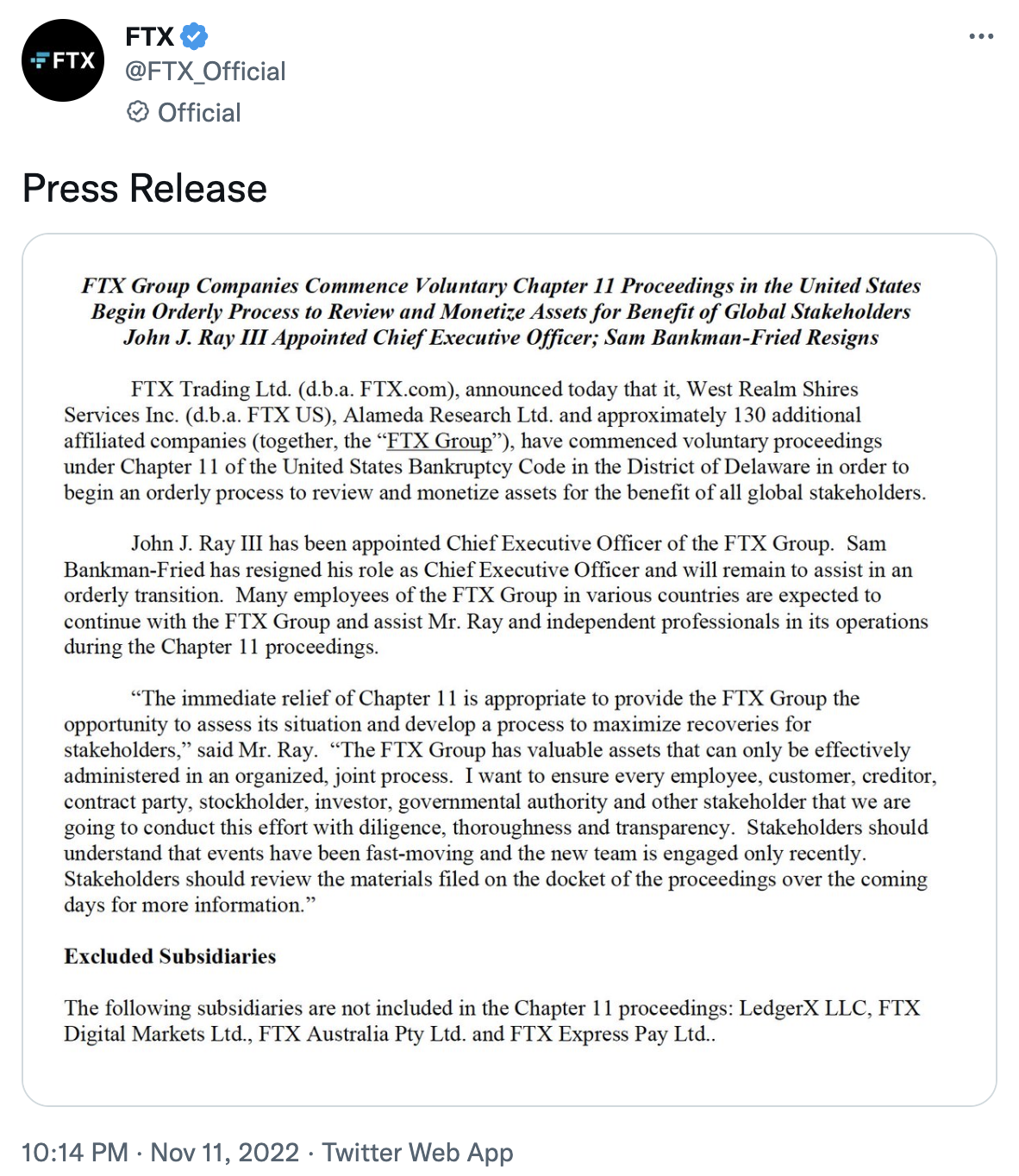 快訊:FTX宣告行使破產第11章公司重組,執行長SBF辭職John J.Ray III繼任 快訊:FTX宣告行使破產第11章公司重組,執行長SBF辭職John J.Ray III繼任