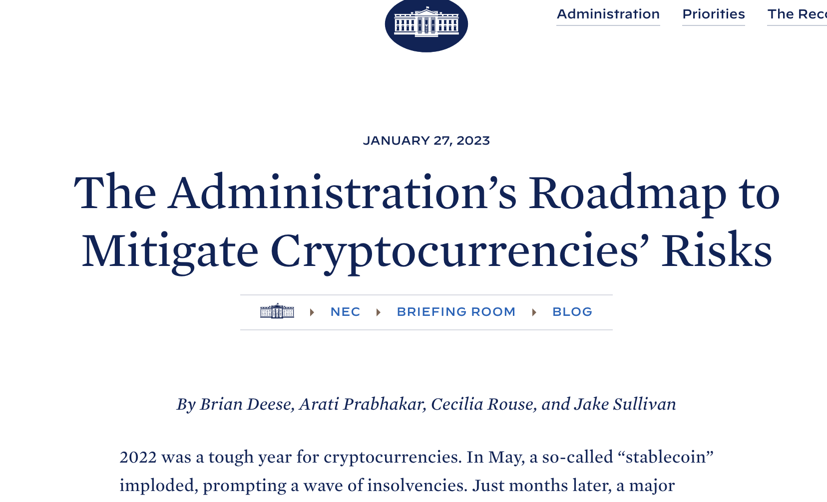 拜登政府加密貨幣風險規劃：幾個月後將公布加密貨幣發展優先事項| 鏈新聞ABMedia