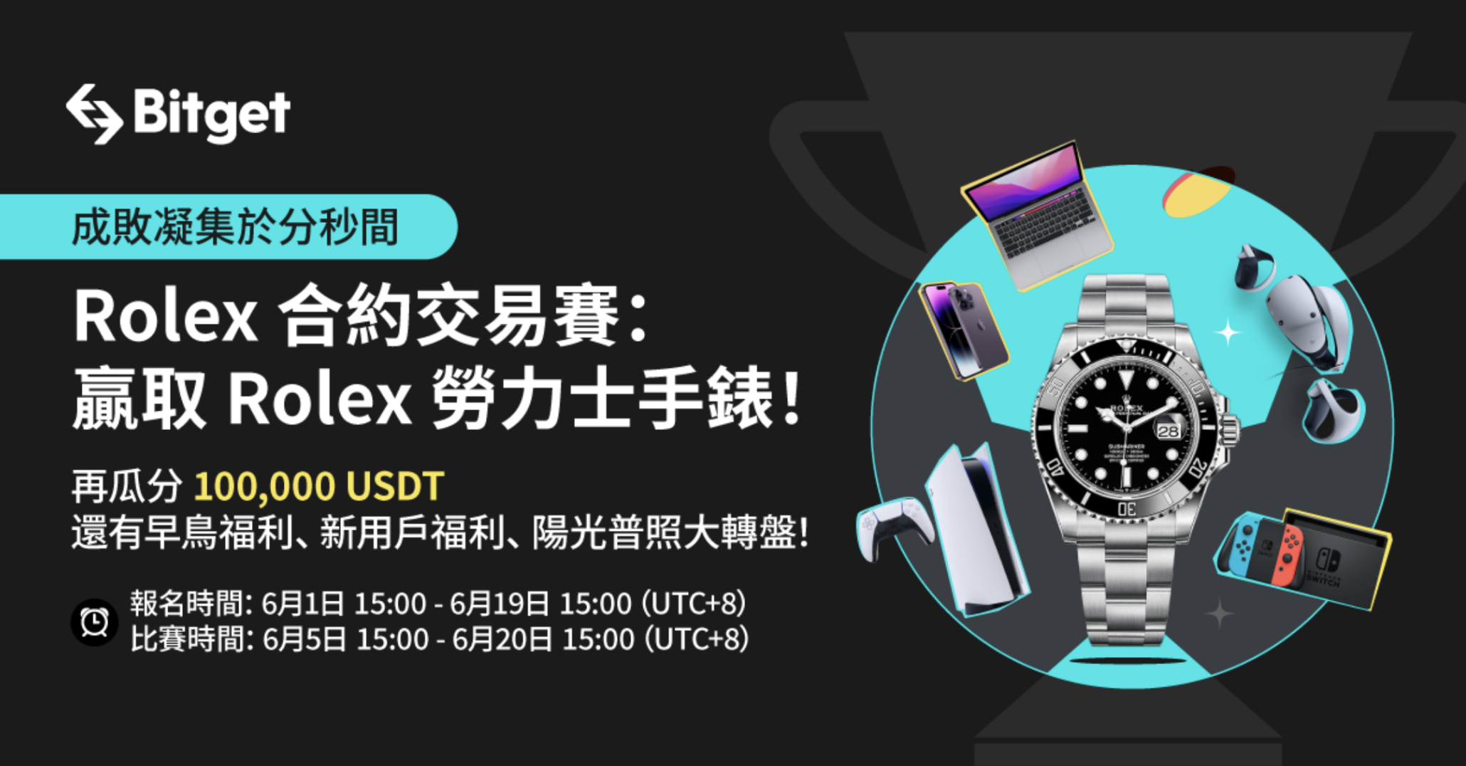 Bitget合約交易大賽開打！第一名送勞力士黑水鬼，另有最高獎池破300萬台幣