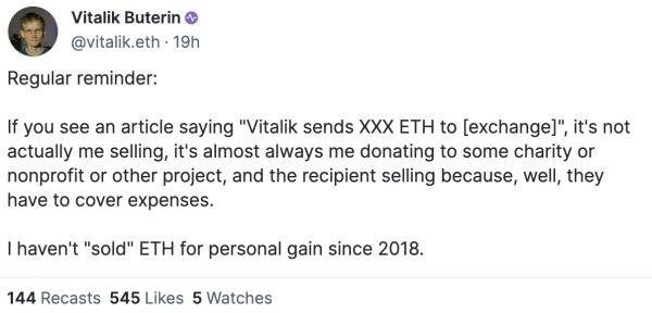 Vitalik 解釋轉移 ETH ：2018 年起就不再為個人利益賣幣