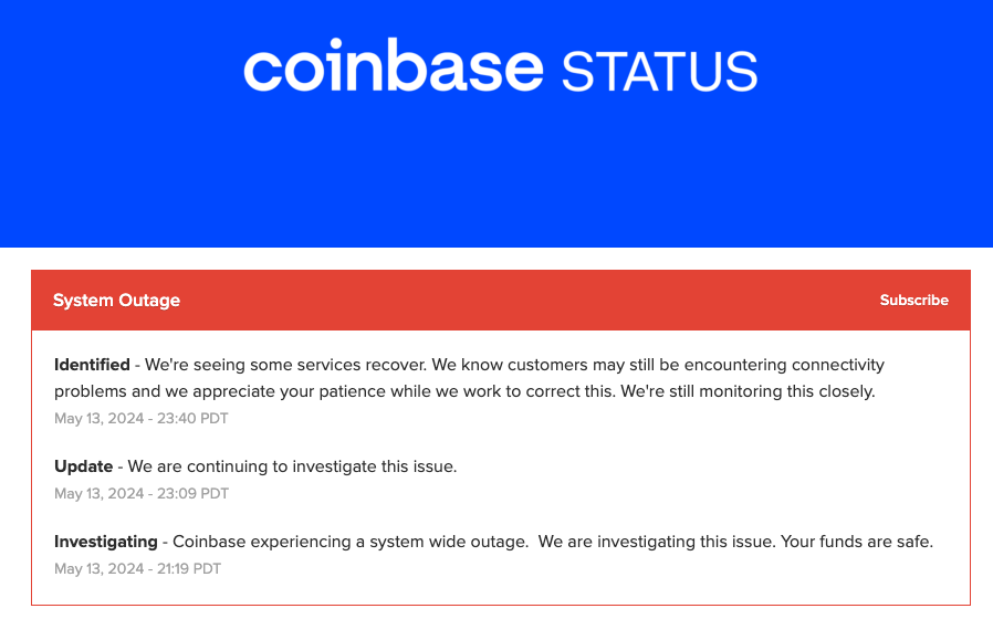 Coinbase 發生全面系統故障，保證用戶資金安全無虞