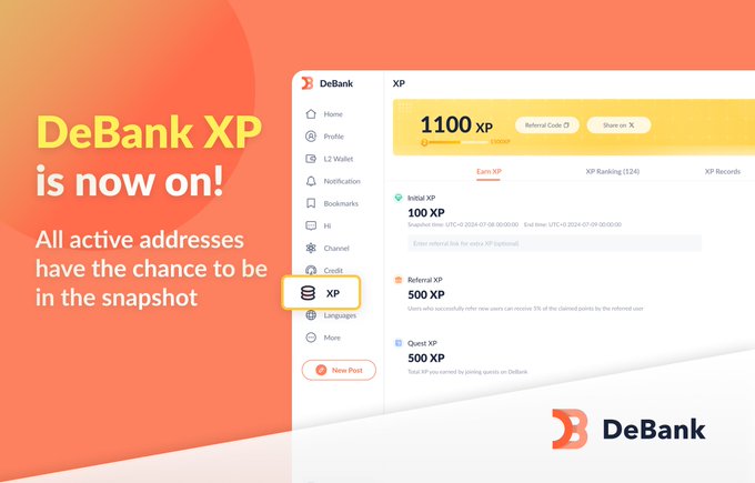 DeBank 不敵積分誘惑，推出 XP 點數增強用戶黏著度，限時一個月申領
