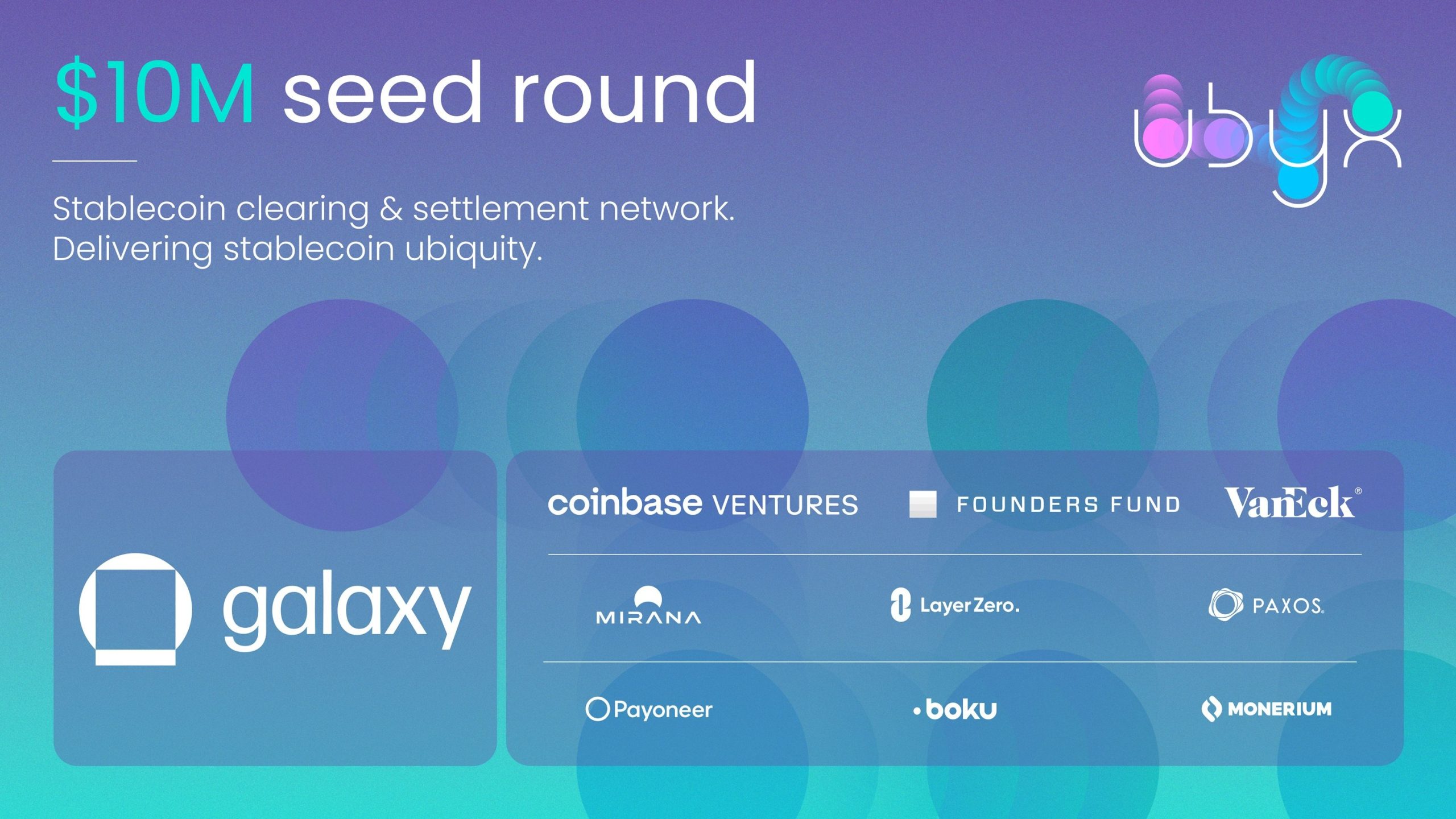 穩定幣結算網路 Ubyx 融資 1 千萬美元，Galaxy、Coinbase 和 VanEck 參投