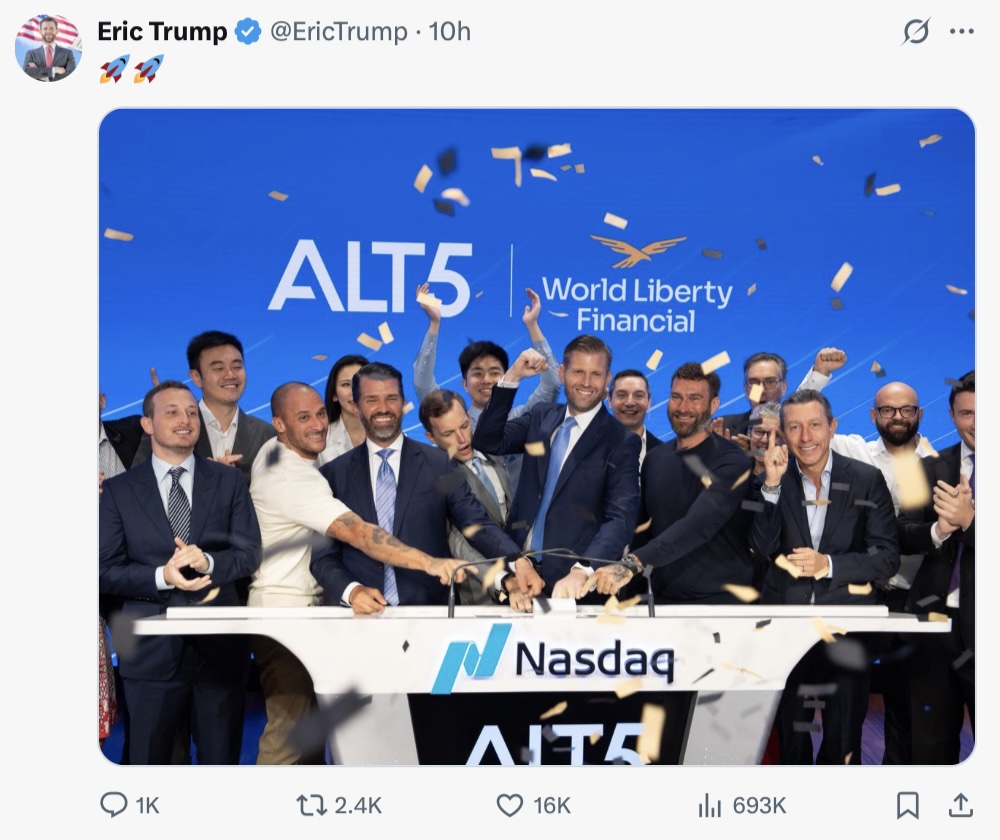 ALT5 Sigma 納斯達克敲鐘上市,啟動 World Liberty Financial $WLFI 資金策略 ALT5 Sigma 納斯達克敲鐘上市,啟動 World Liberty Financial $WLFI 資金策略