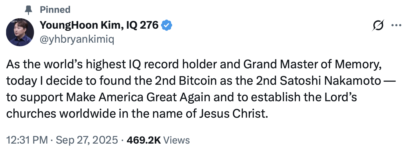 號稱全球智商最高的人表示要  All-in 比特幣、捐給上帝和 MAGA !