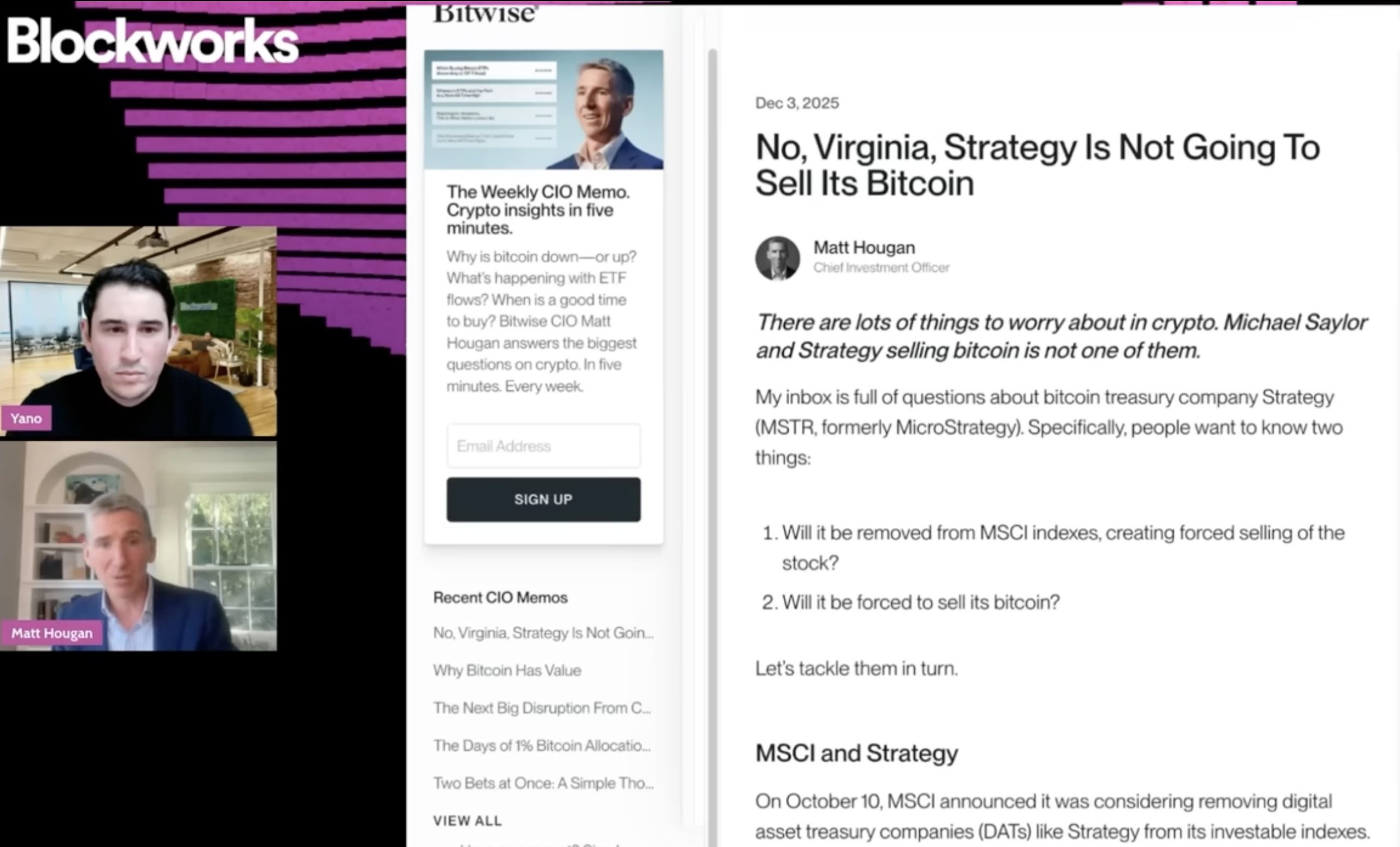 Bitwise 資訊長 Hougan：比特幣四年週期將結束、Strategy 不會為了債務出售比特幣