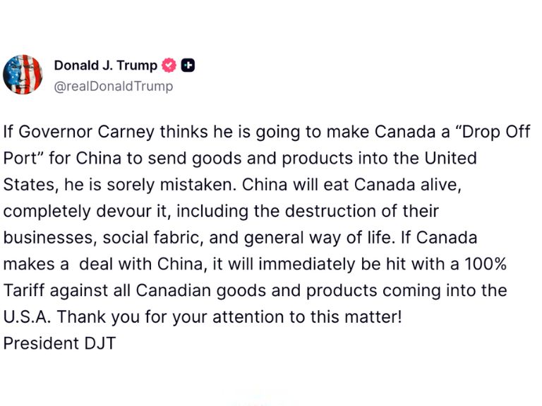 加拿大總理訪中，川普發文稱卡尼「州長」警告敢跟中國合作就加 100% 關稅