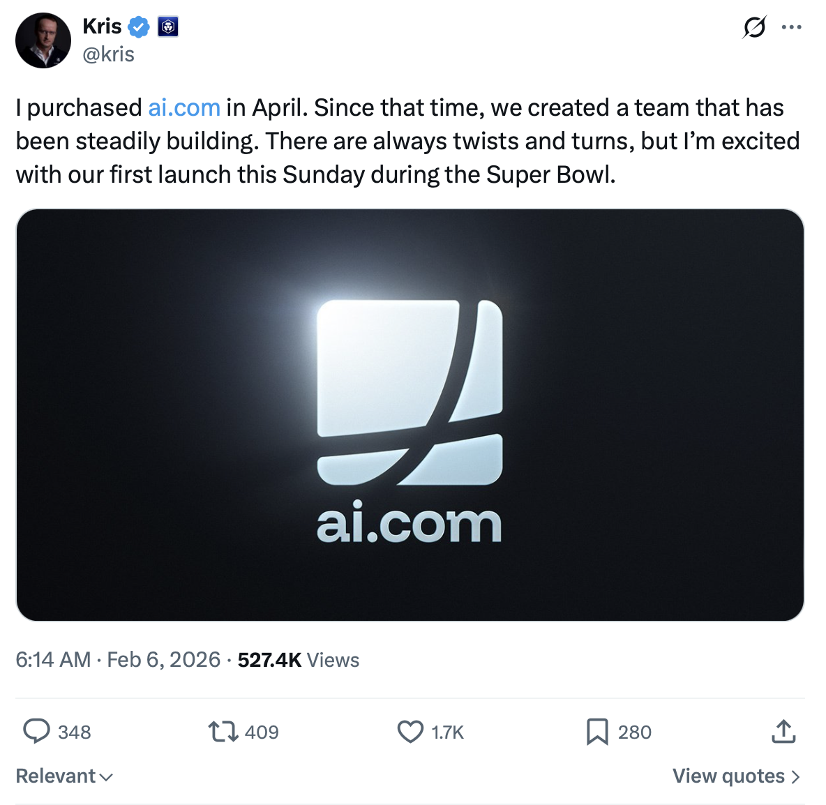Crypto.com 創辦人天價收購 AI.com 網域名稱，搶攻 AI 代理市場