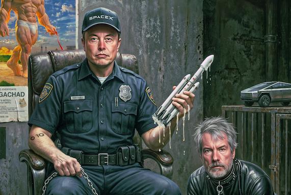 Beeple 諷刺畫：Musk 牽鏈、Saylor 跪在 BTC 山頭